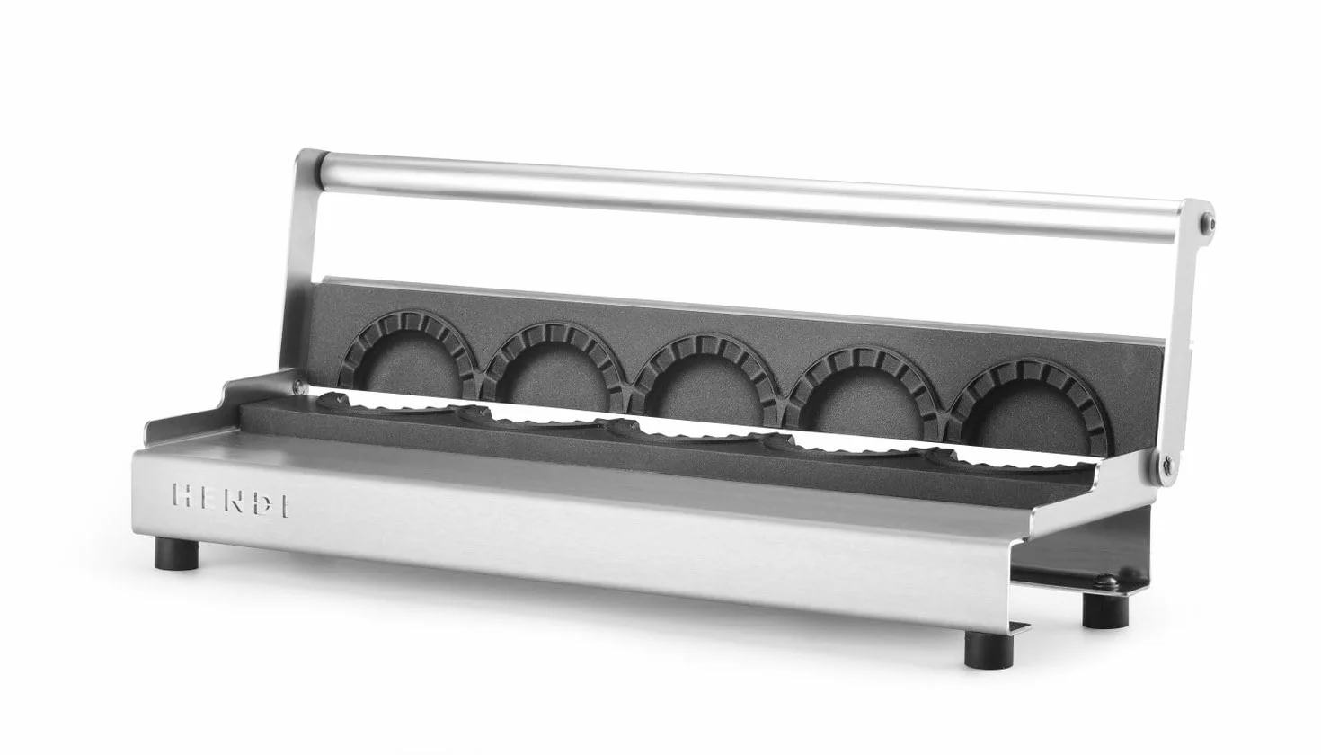 HENDI Macchina per gnocchi, manuale, stampo per la preparazione di 5 dumplings volta, produttore di ravioli, rivestimento antiaderente, pressione uniforme, pressa per ravioli, 470x140x(H)95mm, inox