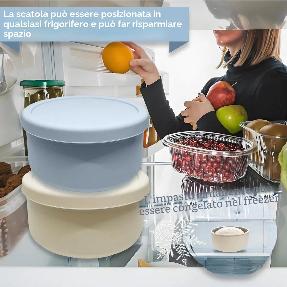 4 scatole per pizza con una capacità di 350 g, impasto per pizza con coperchio in beige e grigio blu