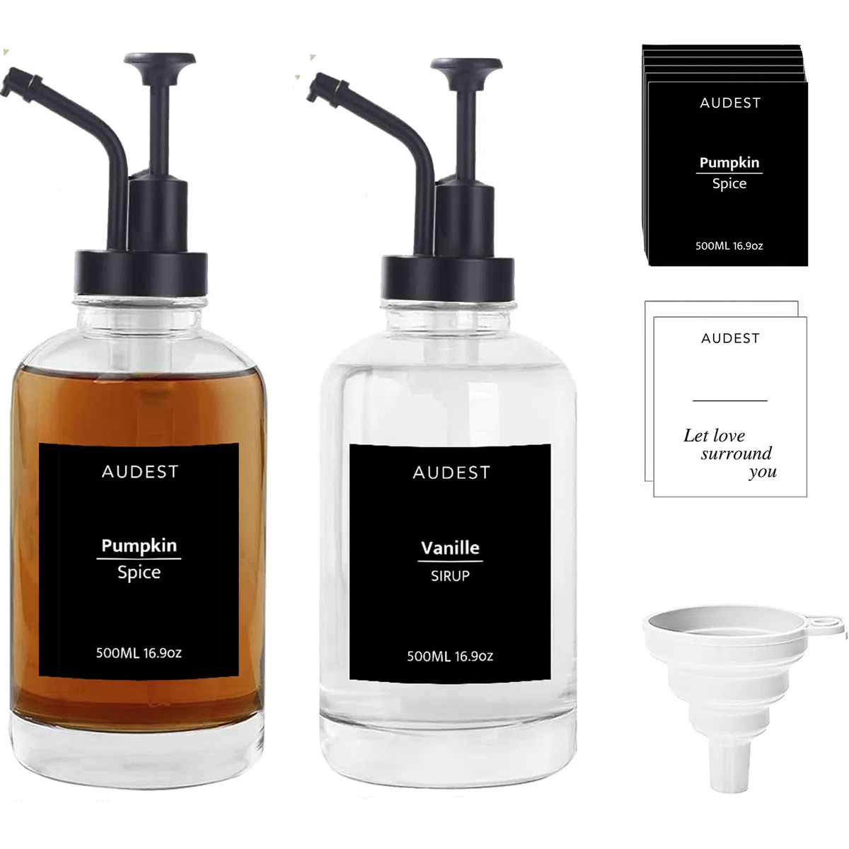 Set di dispenser in vetro per sciroppo di caffè, con 43 adesivi, imbuto, 500 ml (2, Nero, rotondo, 500 millilitri)