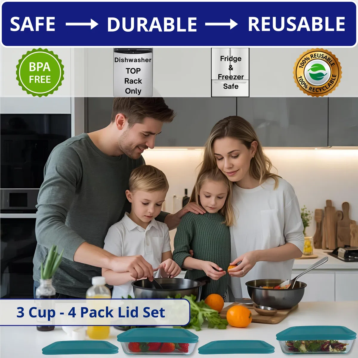 Klareware - Coperchi di ricambio in plastica rettangolare per contenitori per alimenti Klareware e Pyrex 7210, confezione da 4 pezzi, colore: turchese
