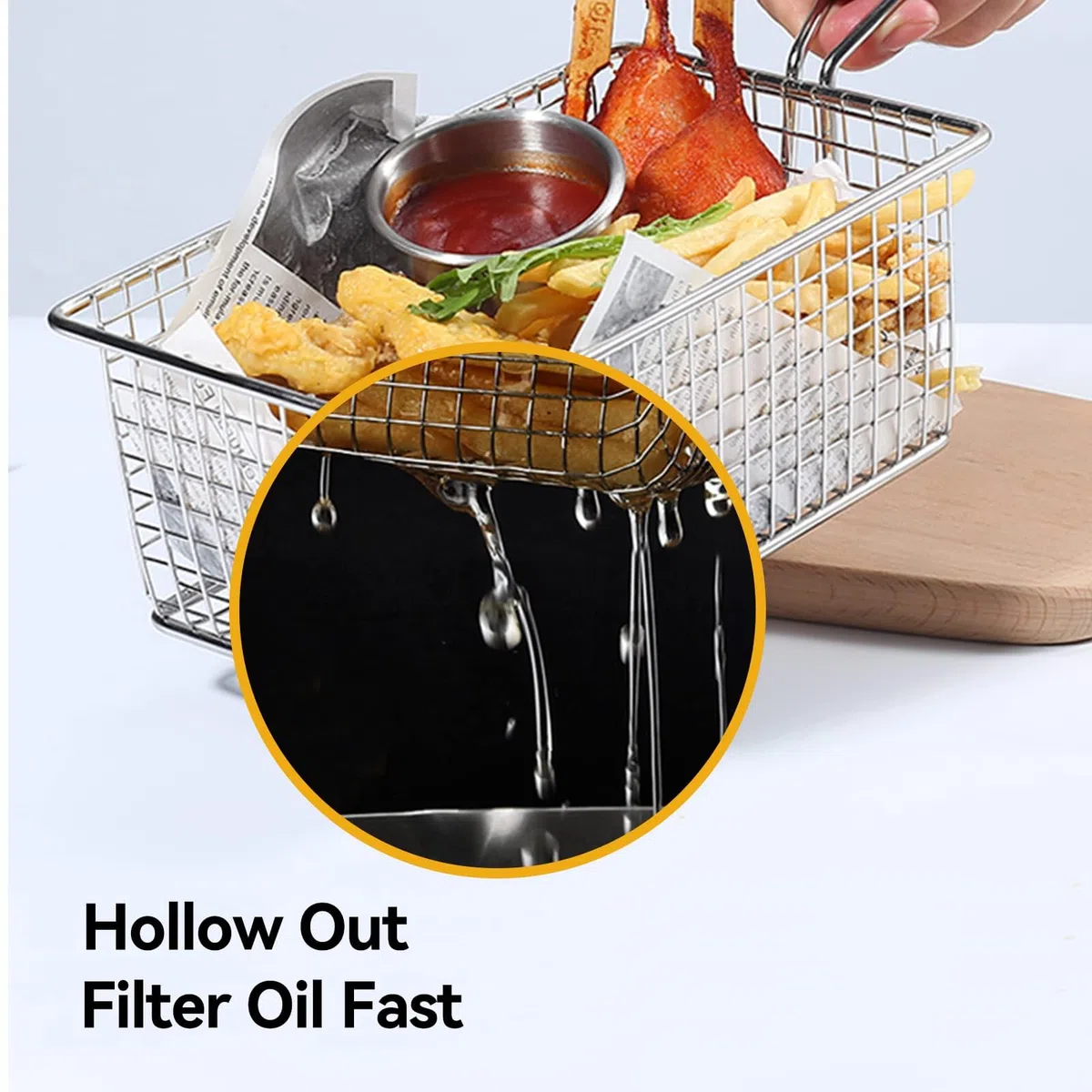 HERCHR Cestello per Alimenti Fritti, Rettangolo in acciaio inossidabile Patatine fritte Cesto per alimenti, Cestello Profondo per Frittura, Cesti per Servire con Manico per Ristorante di Famiglia