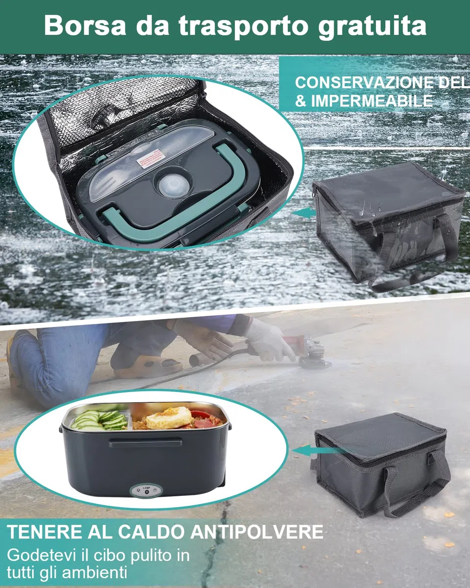 80W Scaldavivande Elettrico, Scaldavivande Portatile per Auto e Casa, Contenitore Rimovibile in Acciaio Inossidabile 304, Forchetta e Cucchiaio SS e Borsa Per il Trasporto (Grigio+Verde)