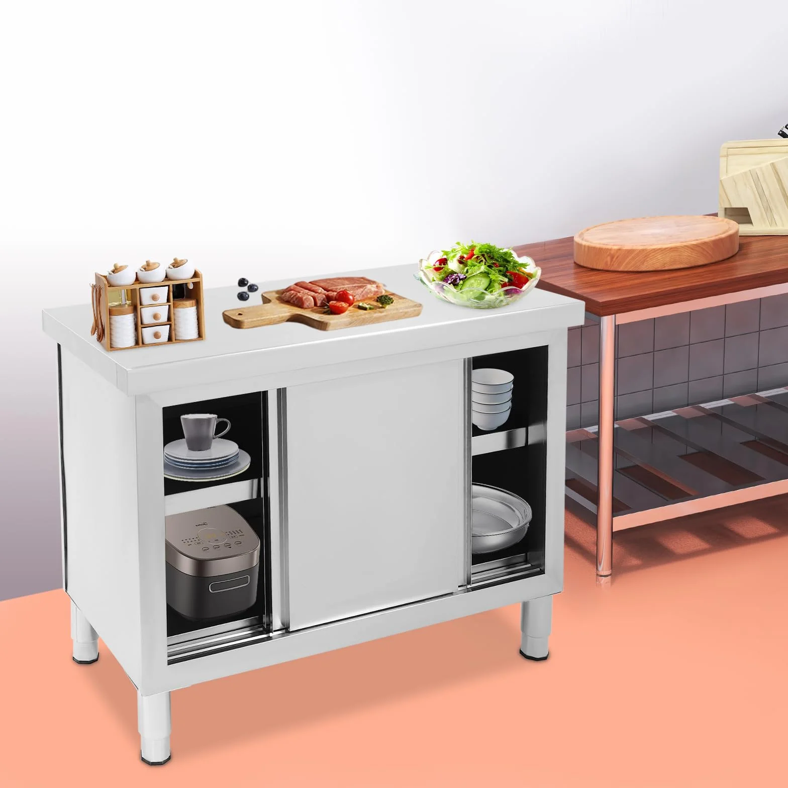Armadio da tavolo in acciaio inox con ante scorrevoli, 100 x 50 x 95 cm, piano di lavoro in acciaio inox, con spazio per cucine, garage, giardini, bar, ristoranti