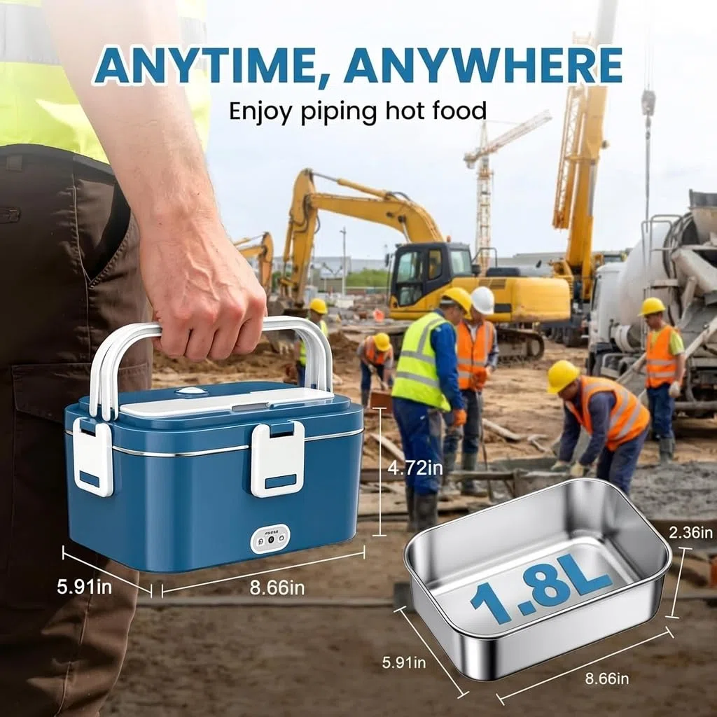 Anykuu Scaldavivande Elettrico Portatile 1.8L 100W, Porta Pranzo Termico 3 in 1(12V/24V/240V), Lunch Box Riscaldabile con Contenitore in Acciaio Inox Rimovibile e Borsa per Auto Camion Ufficio