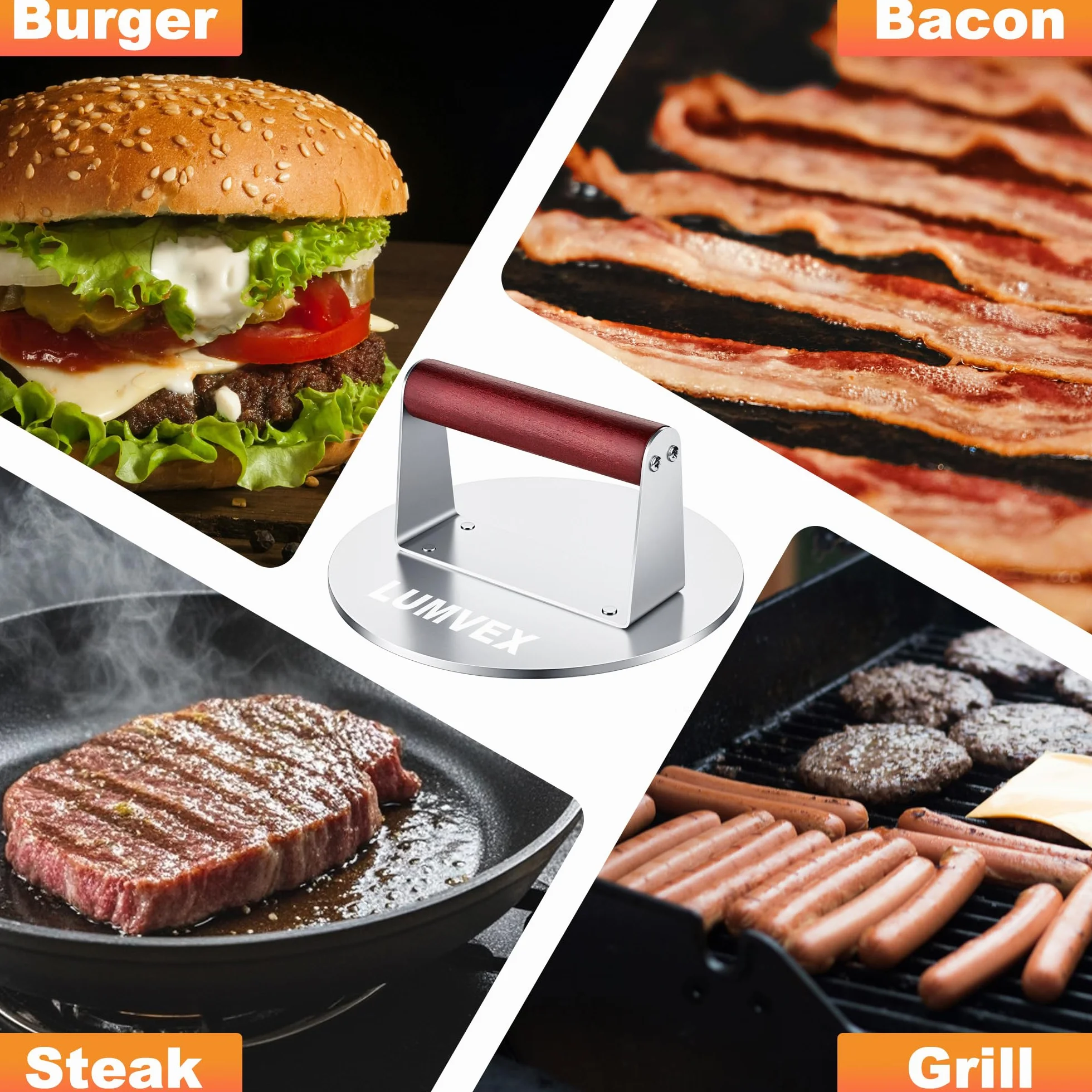 Pressa per Hamburger in Acciaio Inox 6,3 Pollici Professionale Pressa per Smash Burger Manico in Legno Resistente Pressa per Hamburger, Bistecche, Barbecue, Pancetta