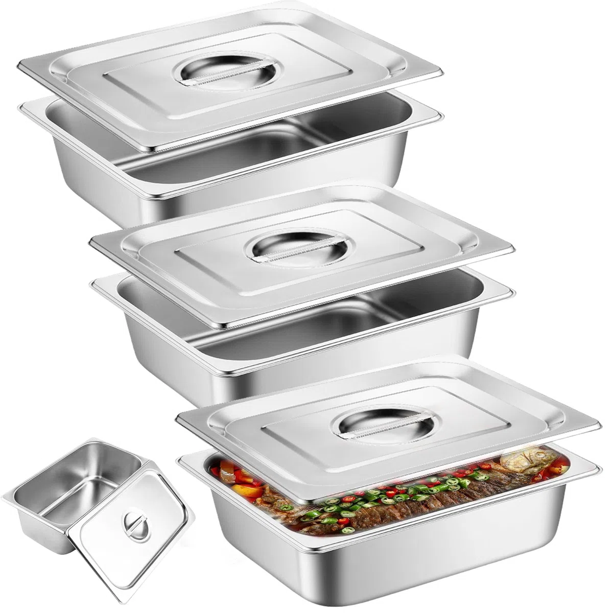 Set di 3 vaschette da paniera: 32,5 x 17,5 x 6,5 cm, contenitore rettangolare in metallo con coperchio in acciaio inox GN 1/3, ciotola in acciaio inox rettangolare, ciotola per impanare pesce, carne e