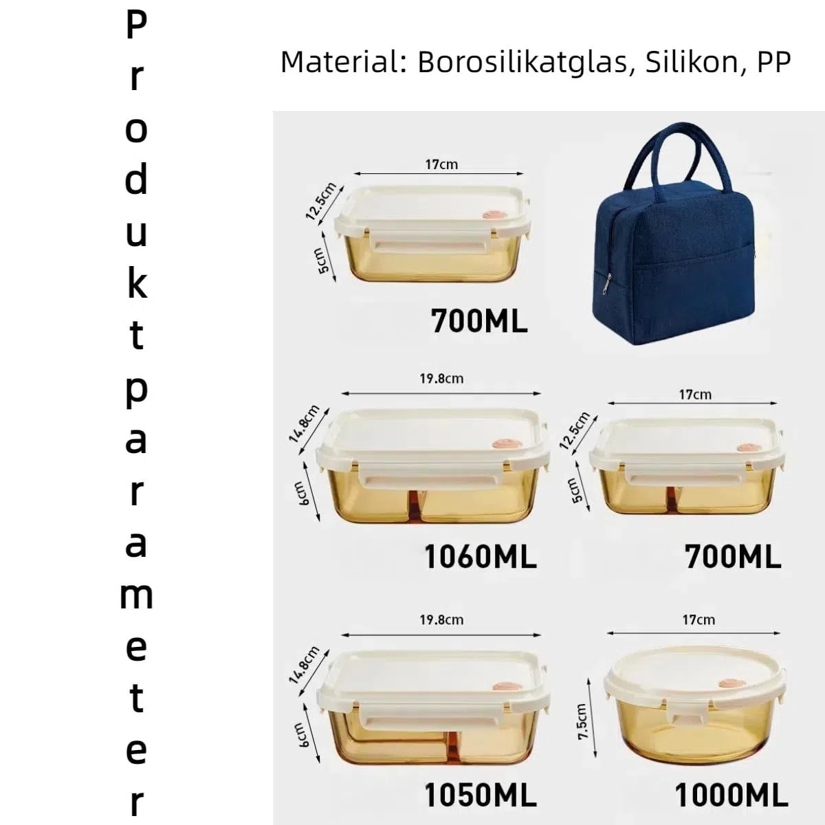 Contenitore per il pane in vetro adatto al microonde, con scomparti a 3/2/0 e borsa termica, chiusura a 4 lati, vetro borosilicato + alloggiamento in PP, per professionisti (grande