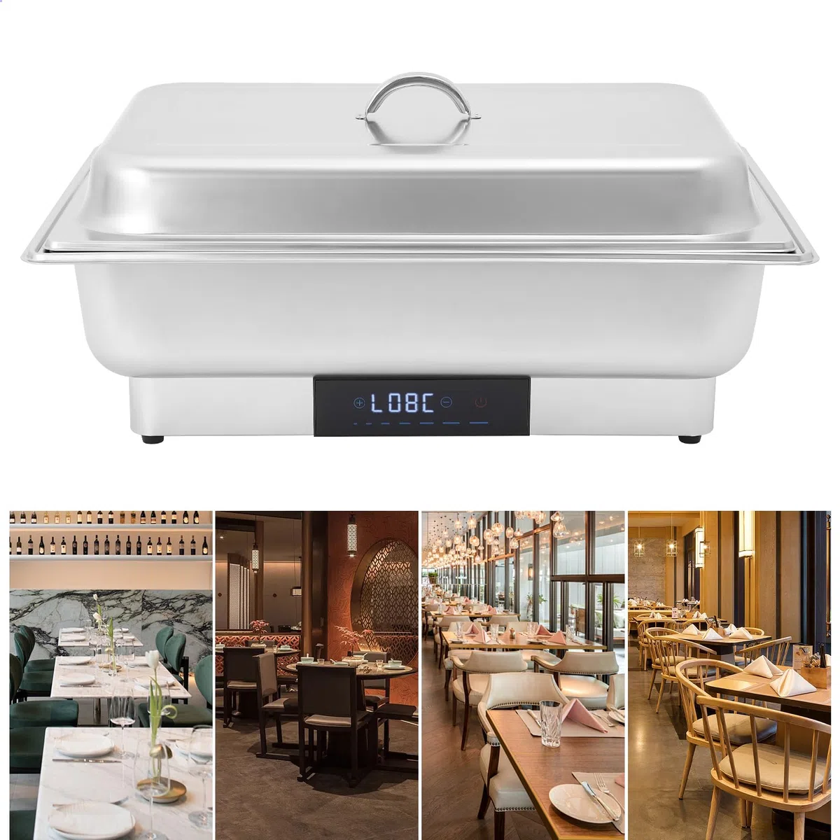 Chafing Dish 600 W scaldavivande elettrico con coperchio, 9 l, rettangolari da portata in acciaio inox, 35 ~ 90 ℃, scalda buffet regolabile per ristoranti feste (1 contenitore)