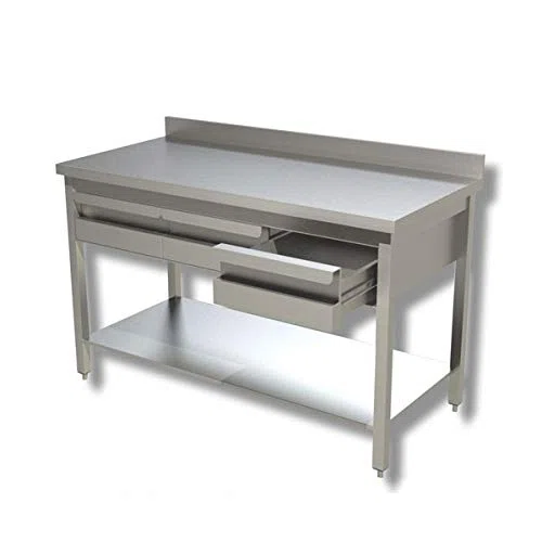 Tavolo inox con ripiano di fondo, cassettiera in linea, con alzatina posteriore. Prof. 70-200x70x85H, Set 4 ruote, di cui 2 con freno (già applicate al tavolo)