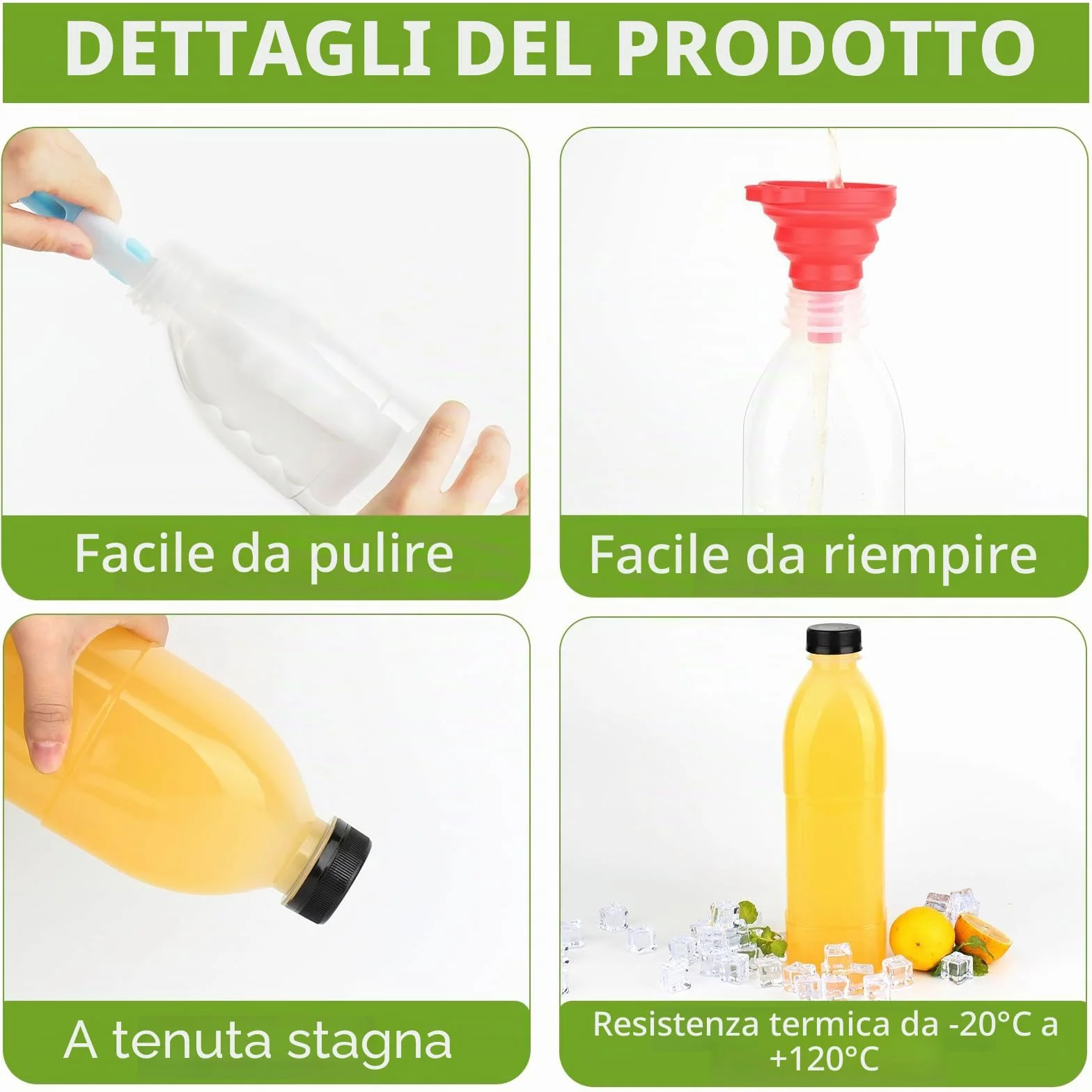 Confezione da 4 bottiglie in plastica per succhi di frutta da 1000 ml con coperchi (lavabili in lavastoviglie), bottiglia riutilizzabile in PP resistente al calore, bottiglia vuota in plastica