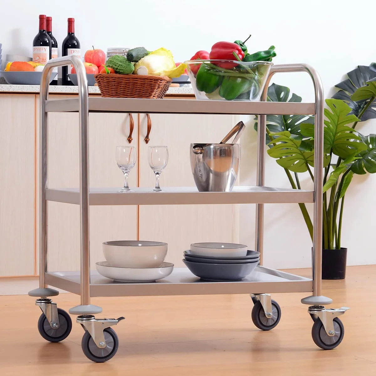 Carrello da cucina in acciaio inox con ruote bloccabili, a 3 ripiani, per hotel, ristoranti, catering, isola, 95 x 50 x 95 cm