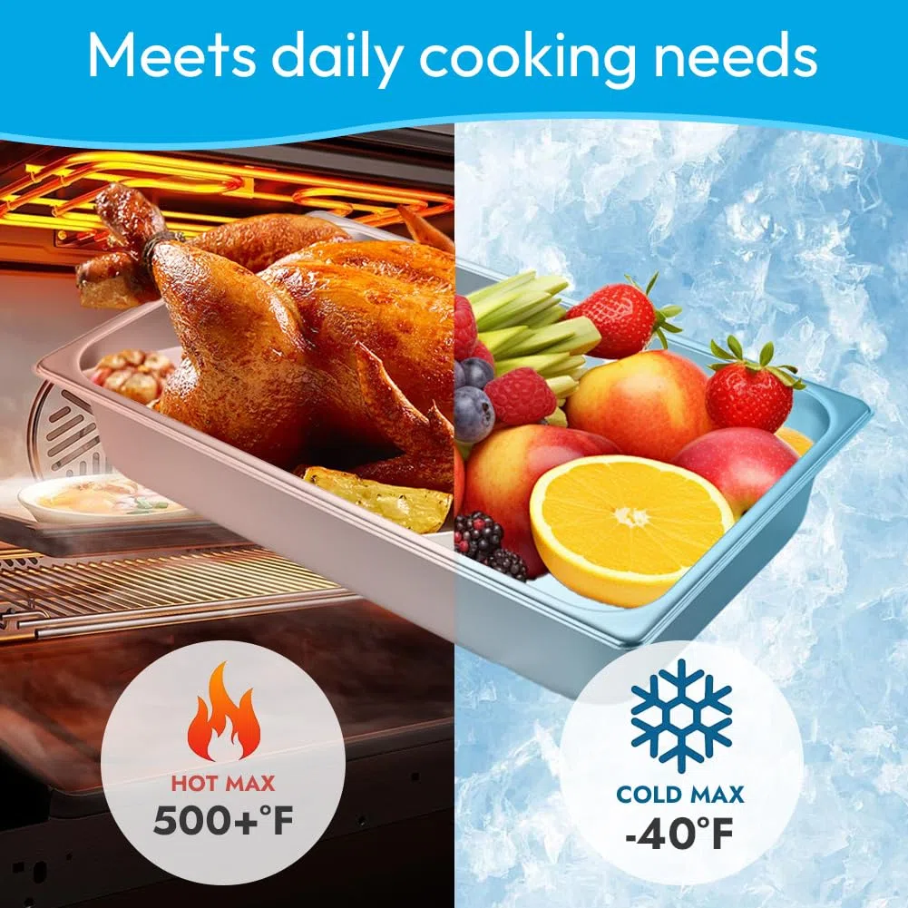 Set di 3 ciotole GN 1/3 in acciaio inox con coperchio, 32,5 x 17,5 x 6,5 cm, per alimenti caldi e freddi, padella buffet catering, facile da pulire