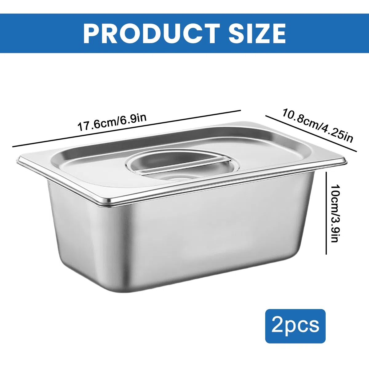 Set di 2 vaschette per il paniere in acciaio inox con coperchio, impilabili per ristoranti, feste di famiglia, accessori per la gastronomia (32,5 x 17,5 x 6,5 cm)