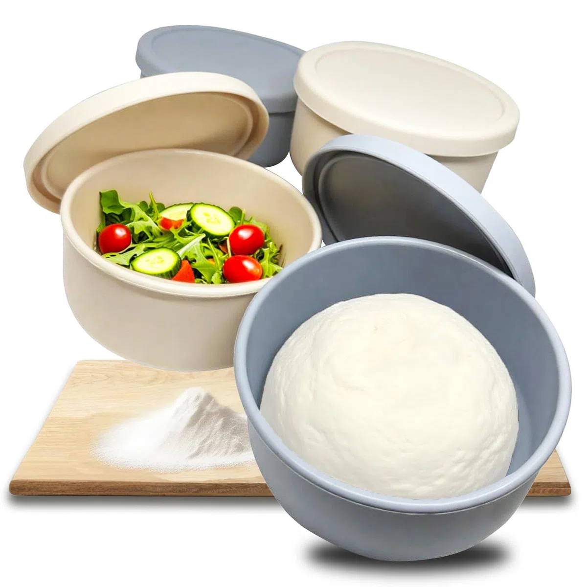 4 scatole per pizza con una capacità di 350 g, impasto per pizza con coperchio in beige e grigio blu
