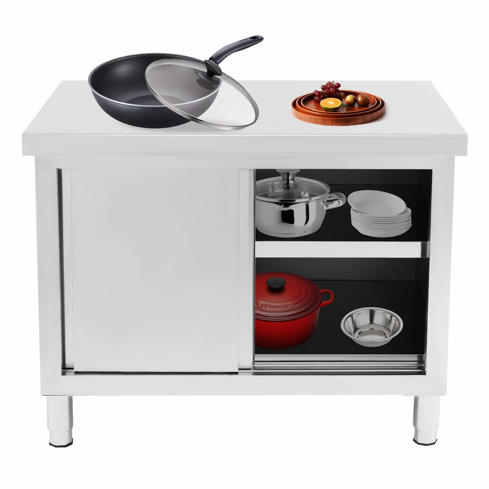 Armadio da tavolo in acciaio inox con ante scorrevoli, 100 x 50 x 95 cm, piano di lavoro in acciaio inox, con spazio per cucine, garage, giardini, bar, ristoranti