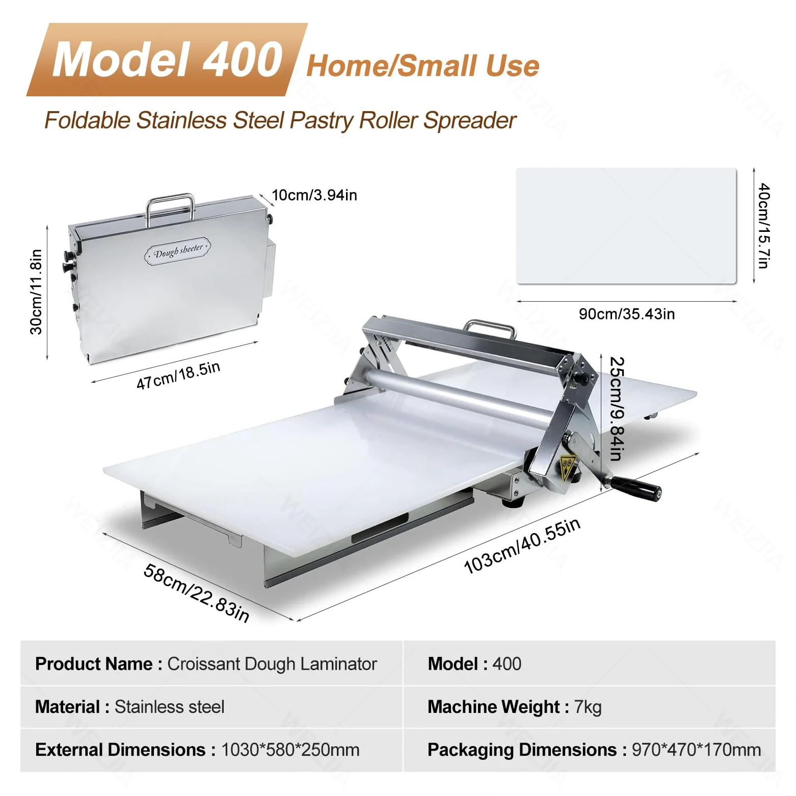 Laminatore per pasta per croissant, sfogliatrice commerciale per pasta, spessore della macchina per pasta regolabile da 0 a 25 mm, acciaio inossidabile, macchina da tavolo per croissant, pasta Type400