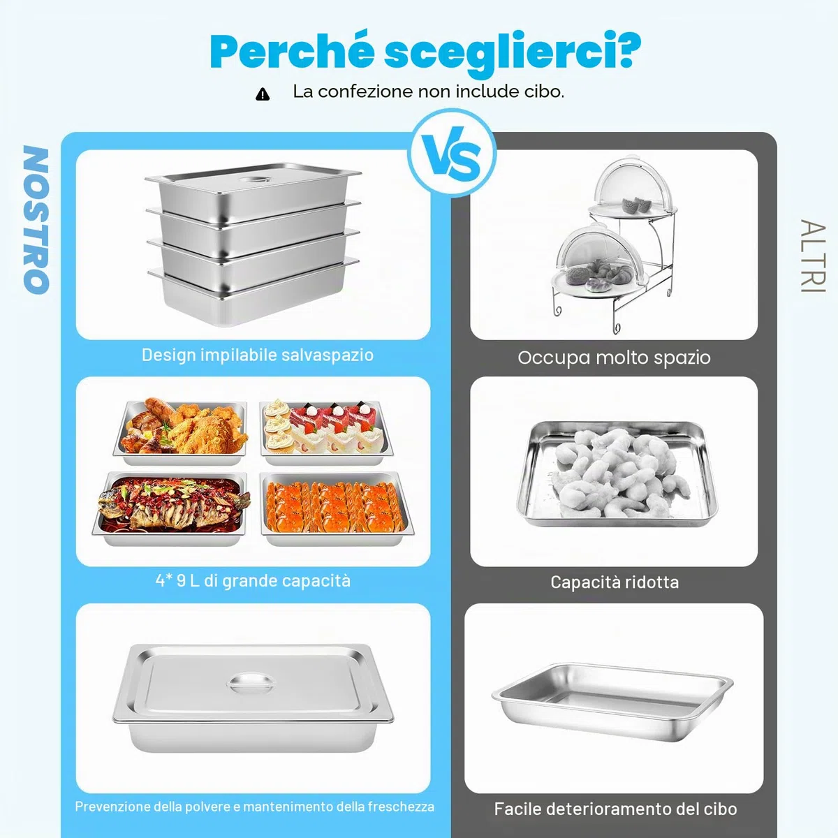 4 contenitori in acciaio inox per hotel, catering e buffet Vassoio per alimenti, con coperchio Porzioni per feste e arrosti da cuocere 50,8 x 30,48 x 10 cm