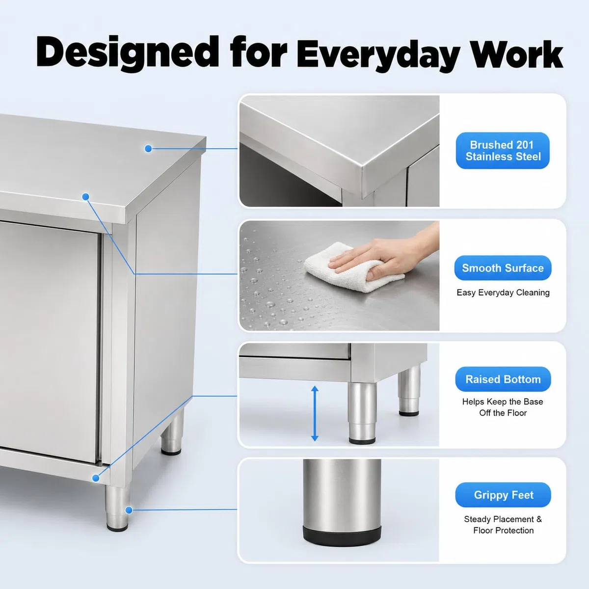 Armadio da lavoro con ante scorrevoli, 120 x 50 x 86 cm, 3 ripiani, tavolo da lavoro commerciale in acciaio inox, armadio da cucina con ante scorrevoli, armadio indipendente in acciaio inox