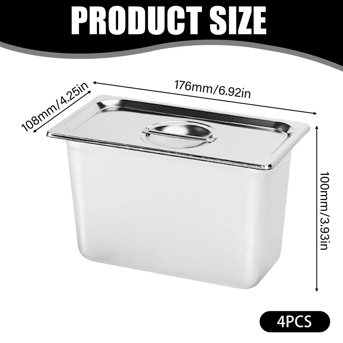 Gastro Contenitore con coperchio: set da 4 pezzi, spessore 0,8 mm, elettrolitico, in acciaio inox, 176 x 108 x 100 mm, impilabile, contenitore con coperchio, per cucina e buffet