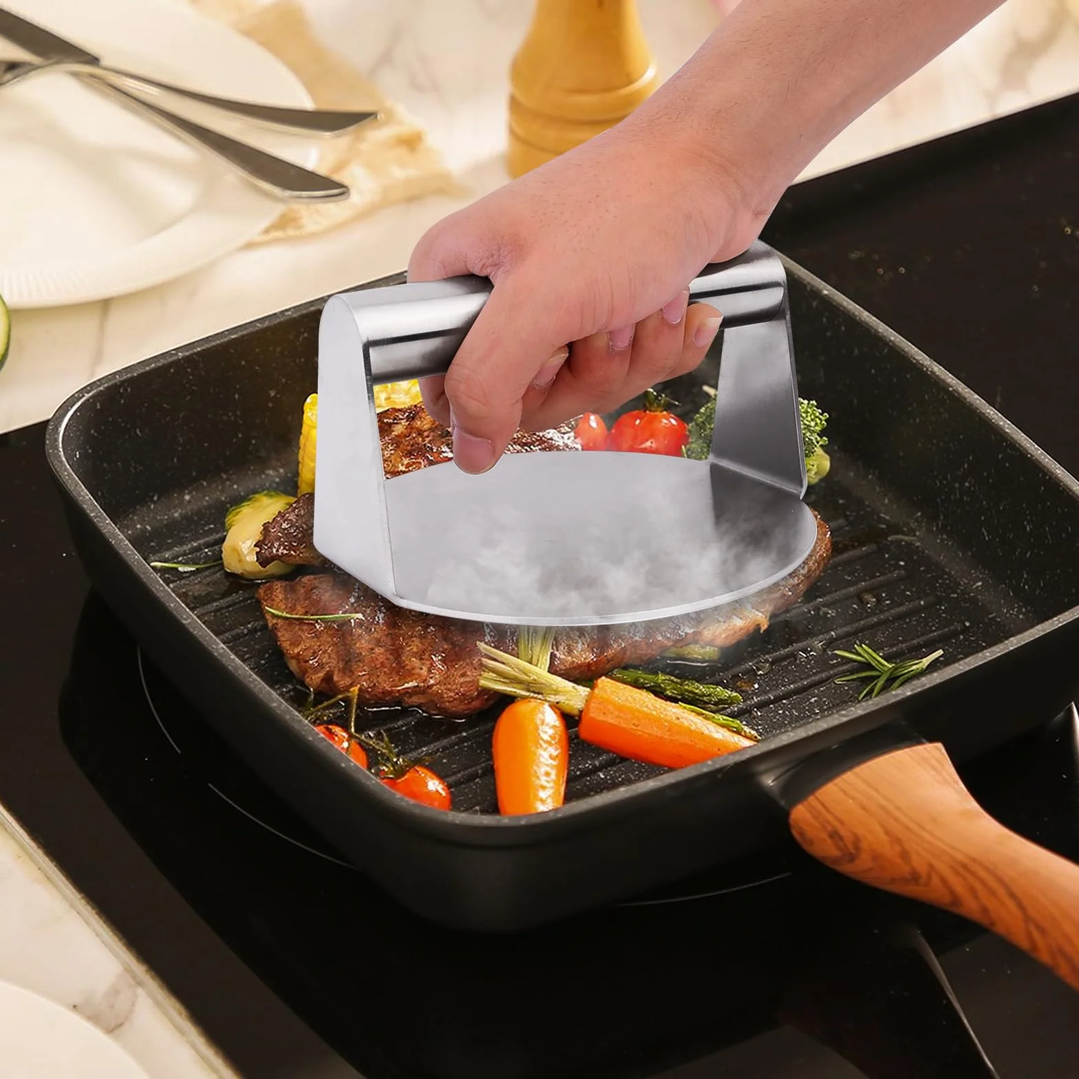 Smash Burger Pressa, 14 cm Pressa per Hamburger in Acciaio Inox 304 per Alimenti, Resistente Smasher per Piastra Piatta Griglia, Bistecche, Panini, Barbecue