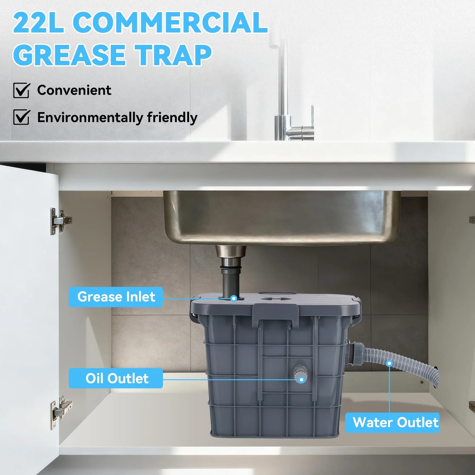 YUCHENGTECH Separatore di Grasso Commerciale 22L Trappola per Grassi in PP Intercettore per Grasso Filtro Separatore di Acqua per Olio per Ristorante, Mensa, Cucina 37x27x30cm