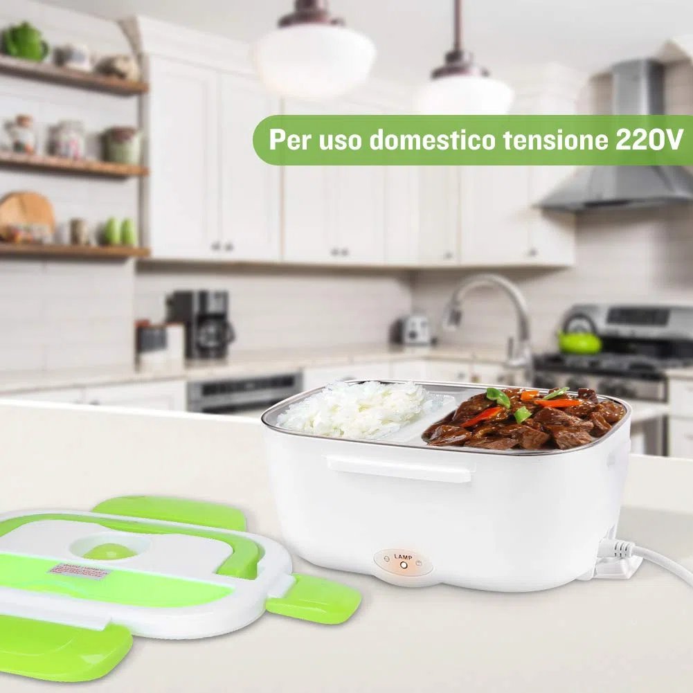 YISSVIC Scaldavivande Elettrico Portatile in Acciaio Inox (220V & 12V) Portatile 1,5L con Forchetta e Cucchiaio per Auto/Ufficio/Casa
