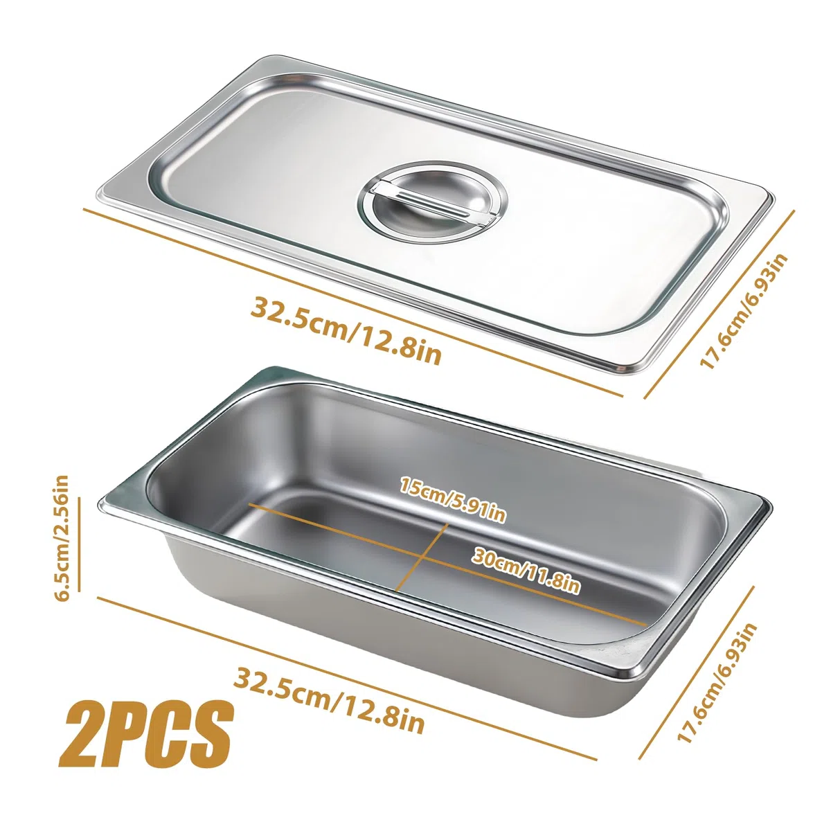 2 contenitori in acciaio inox con coperchio: contenitore per alimenti, 32,5 x 17,5 x 6,5 cm, set di vassoi per buffet catering per rivestire e servire cibo