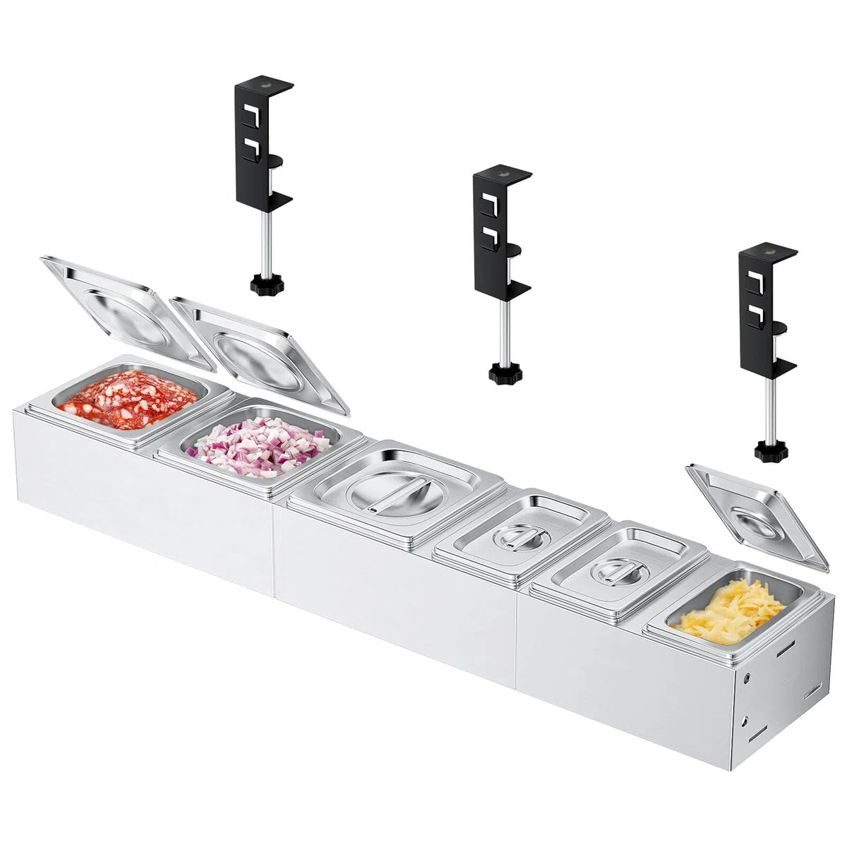 GFTIME Stazione per condimenti per pizza in acciaio inox, contenitore per ingredienti per pizza, contenitore per contorni, rettangolare, multi-scomparto, 39 cm, confezione da 6