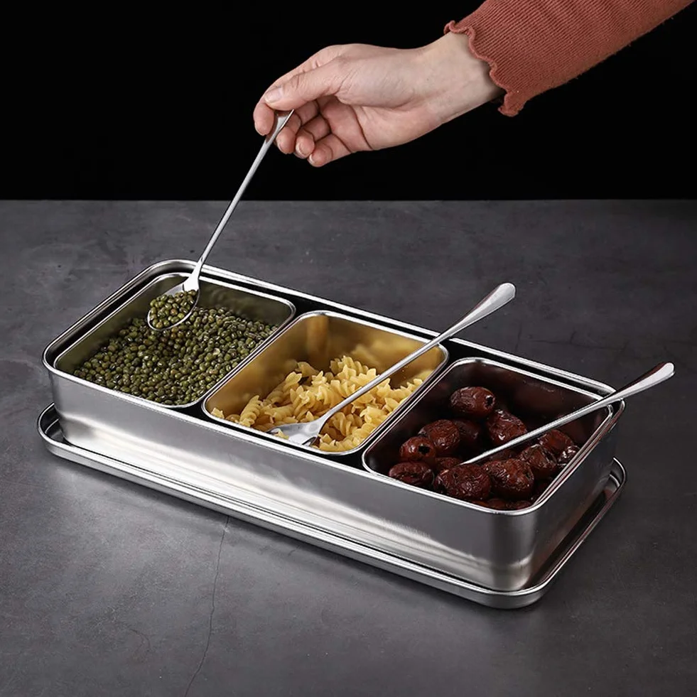 Scatola per Condimenti da Barattolo per la Conservazione del Sale per Condimenti in Acciaio Inossidabile 3 Griglie Contenitore per con Cucchiai per Snack Zucchero Farina