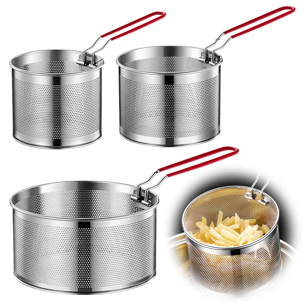 Cestello per friggere in acciaio inossidabile: 3 pezzi in acciaio inox, 14 cm+18 cm+20 cm, cestino per la pasta con maniglia, filtro da cucina, patatine fritte