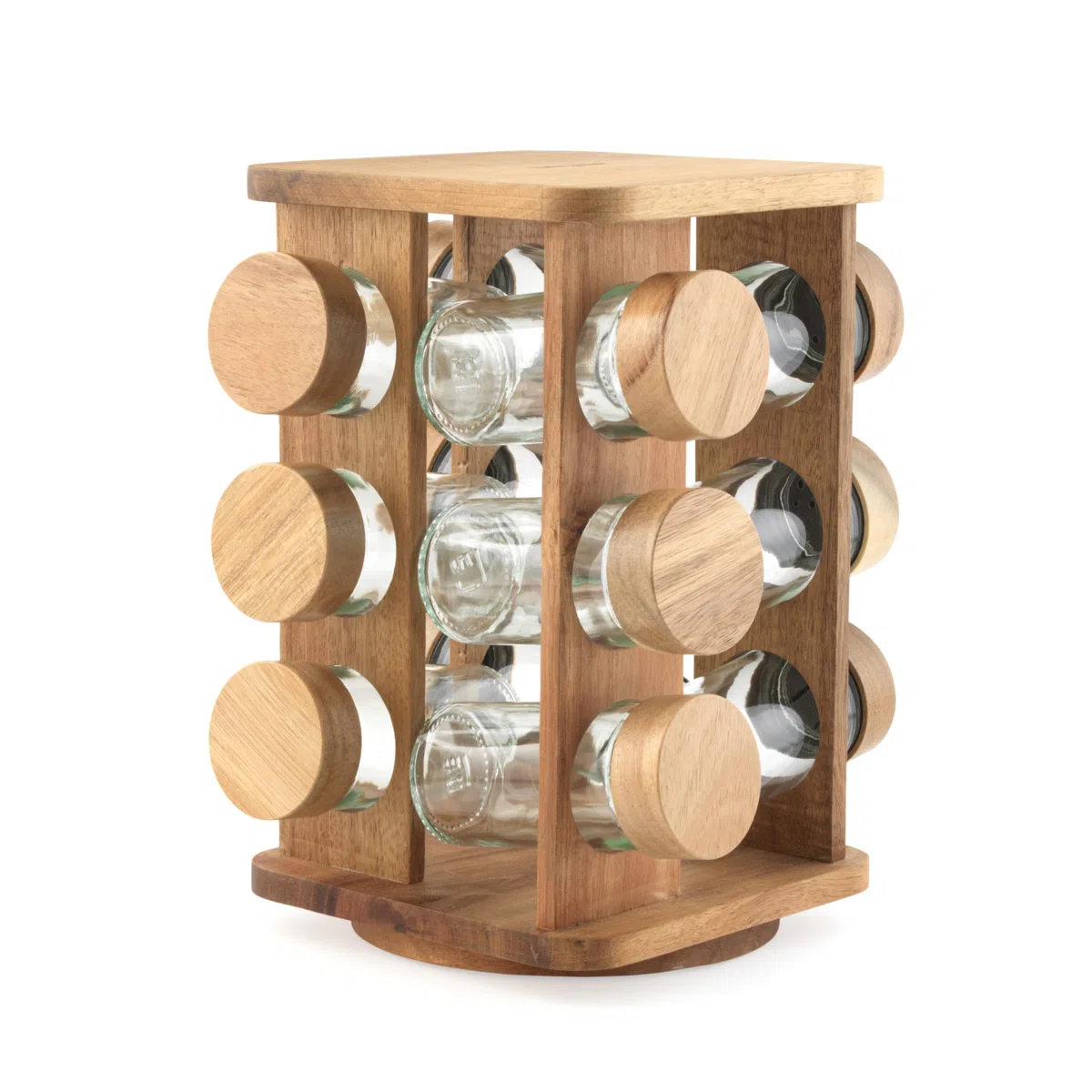 Salter Toronto Rotating Spice Rack – 12 Barattoli di Vetro Compatti Ricaricabili Inc. Etichette per Spezie, Coperchio a Vite, Legno di Acacia FSC e Coperchi a Vite, Freschezza Duratura, Base Girevole