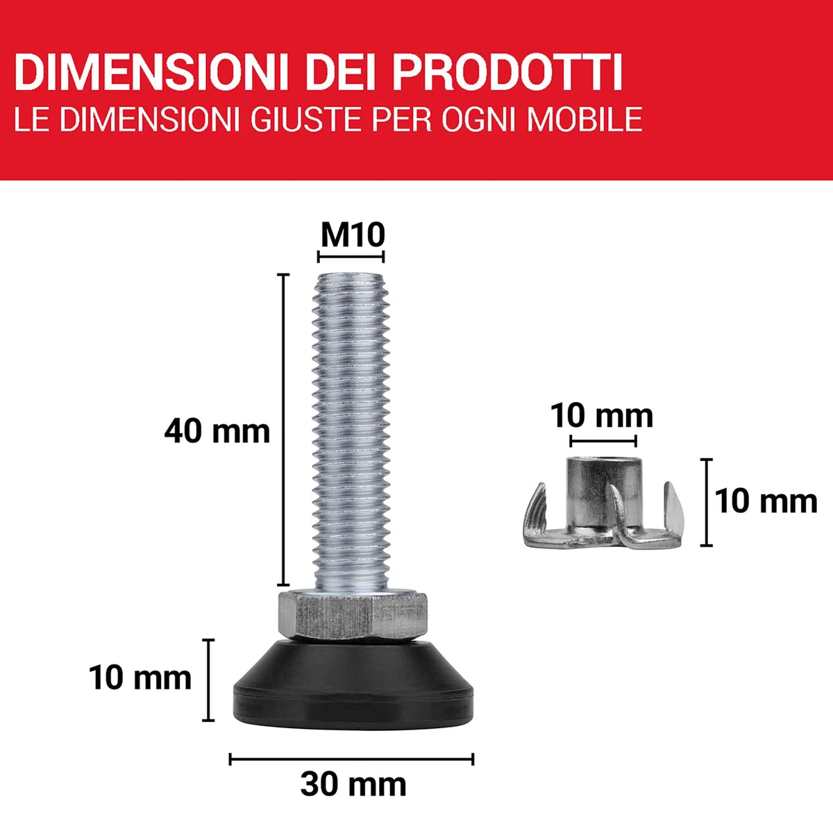 LouMaxx Piedini di Regolazione M10 x 40 mm Con Dado di Impatto, Set da 10 Pezzi, Vite di Regolazione, Piedini Regolabili in Altezza M10 x 40 mm