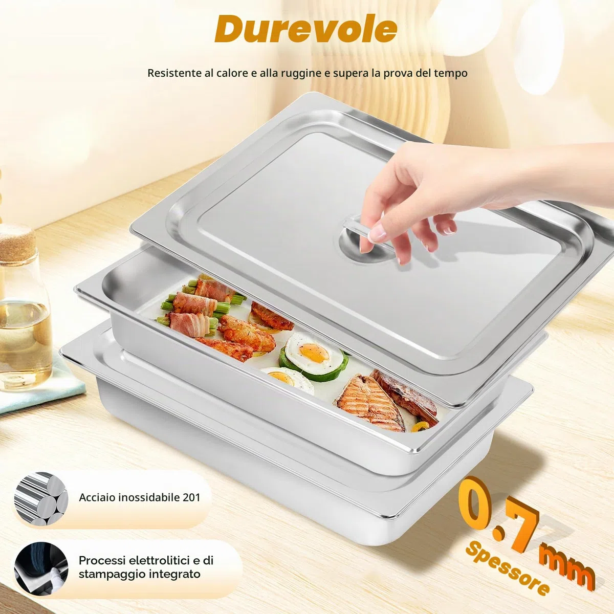 Treeisland Contenitori Gastronorm, 4 Contenitori in Acciaio Inox con Coperchio per Alimenti, Contenitori in Acciaio Inox per il Mantenimento in Calore di Cibi, Torte, Teglie per Hotel