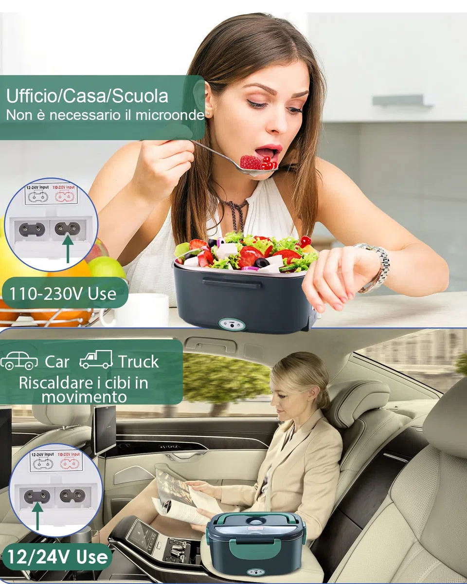 80W Scaldavivande Elettrico, Scaldavivande Portatile per Auto e Casa, Contenitore Rimovibile in Acciaio Inossidabile 304, Forchetta e Cucchiaio SS e Borsa Per il Trasporto (Grigio+Verde)