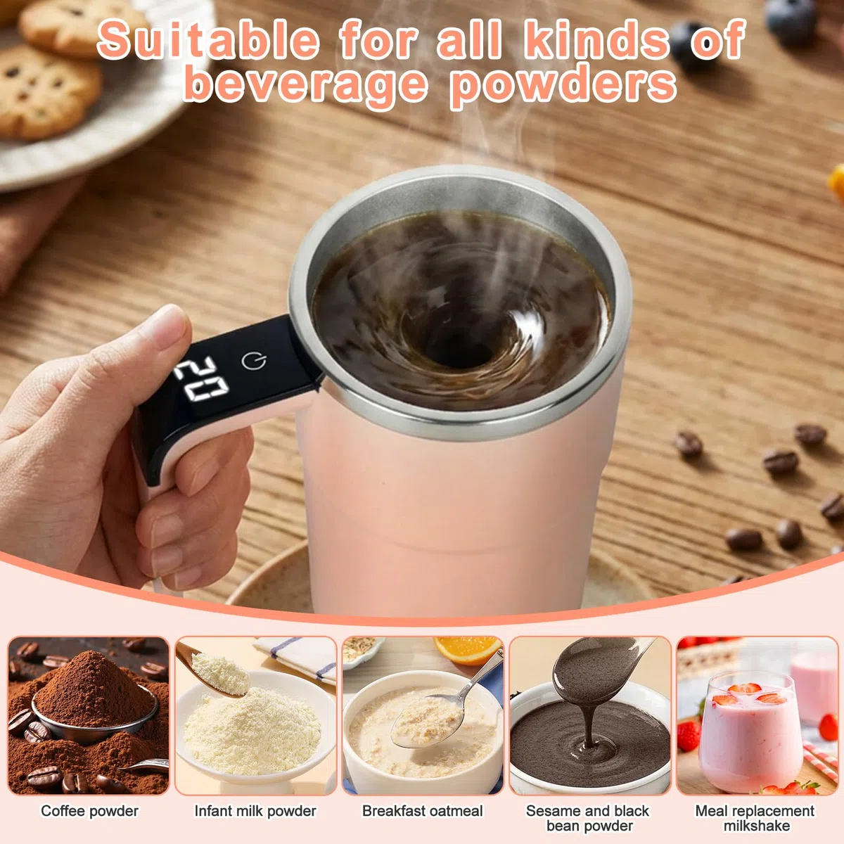 380 Ml Miscelatore Elettrico Ricaricabile, Tazza Per Miscelatore Elettrico Con Display LCD, Tazza Da Caffè Automatica, Con Coperchio, Per Latte Cacao Cioccolato Caldo E Bevande(Rosa)