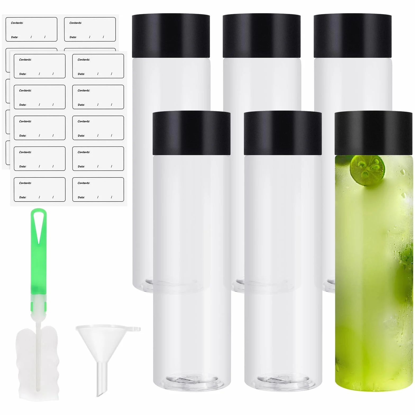 Lvefyti 6 bottiglie per smoothie da 400 ml, riutilizzabili, vuote per il riempimento, bottiglie di plastica con coperchio, adesivo imbuto, spazzola per la pulizia del succo, latte, frappè