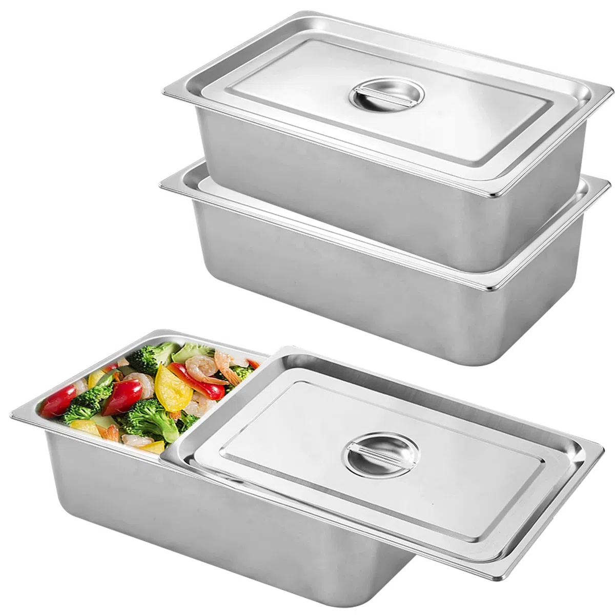 Set di impanatura in acciaio inox 3 pezzi, 3 contenitori GN coperchiati, 32,5 x 17,5 x 6,5 cm, rettangolari, per impanare pesce, carne e verdure