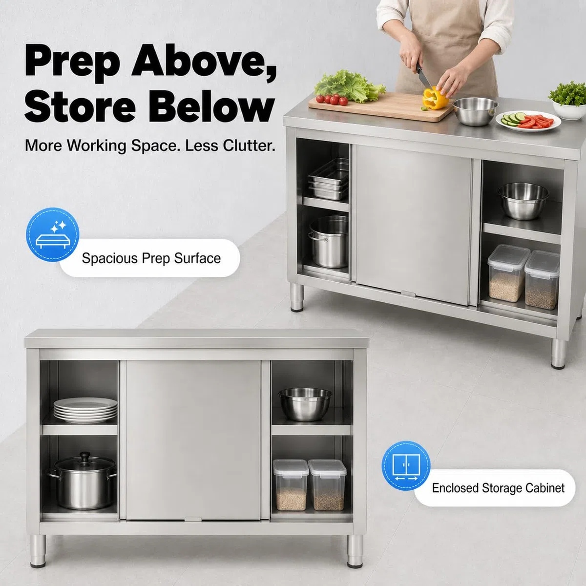 Armadio da lavoro con ante scorrevoli, 120 x 50 x 86 cm, 3 ripiani, tavolo da lavoro commerciale in acciaio inox, armadio da cucina con ante scorrevoli, armadio indipendente in acciaio inox