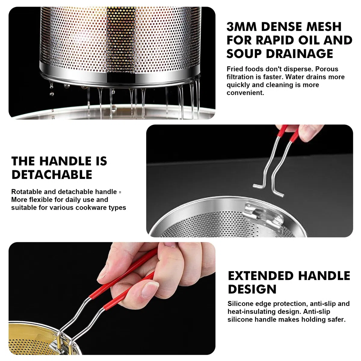 Cestello per friggere in acciaio inossidabile: 3 pezzi in acciaio inox, 14 cm+18 cm+20 cm, cestino per la pasta con maniglia, filtro da cucina, patatine fritte