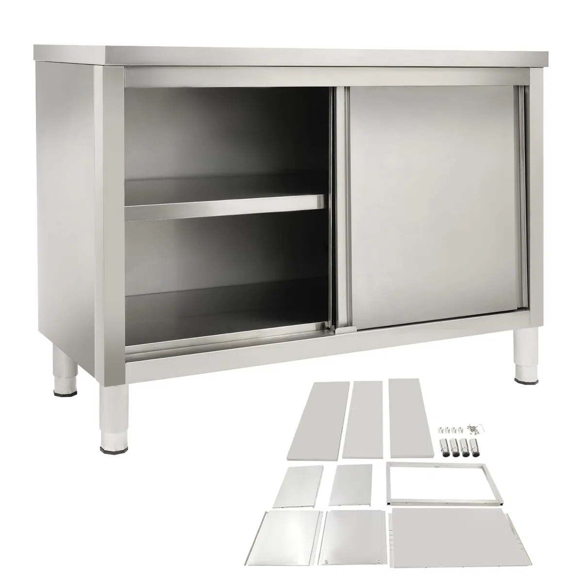 Armadio da lavoro con ante scorrevoli, 120 x 50 x 86 cm, 3 ripiani, tavolo da lavoro commerciale in acciaio inox, armadio da cucina con ante scorrevoli, armadio indipendente in acciaio inox