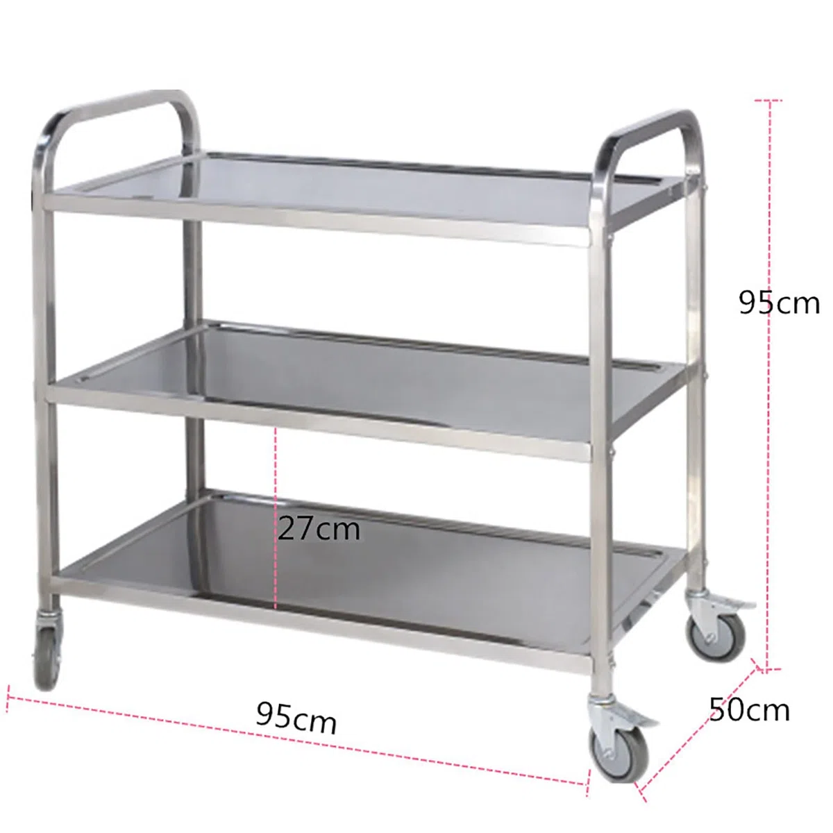 Carrello da cucina in acciaio inox con ruote bloccabili, a 3 ripiani, per hotel, ristoranti, catering, isola, 95 x 50 x 95 cm