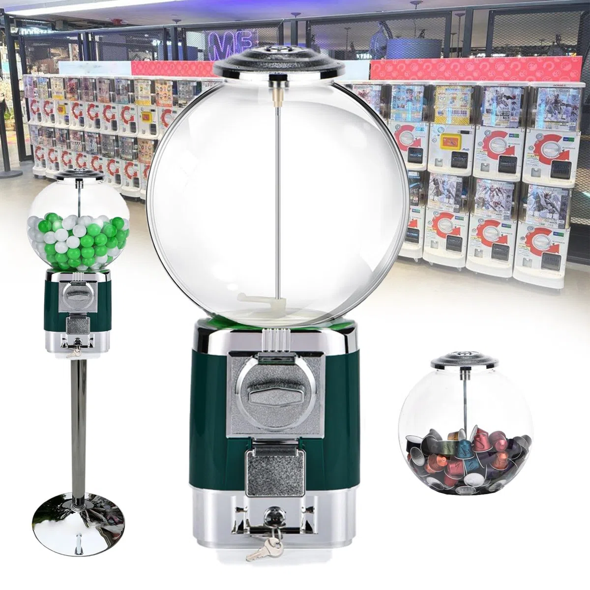 Distributore Di Capsule Di Caffè, Include Base In Metallo Da 63cm E 20 Gusci Di Palline Colorate, Capacità 240 Capsule, Distributore Commerciale Di Gomme Da Masticare A Monete(Green)
