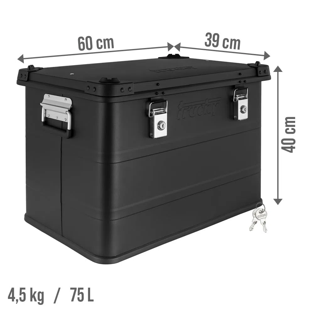 Trucky Scatola in alluminio con coperchio, colore nero, in alluminio, per il trasporto, in metallo, richiudibile, dimensioni: 75 l