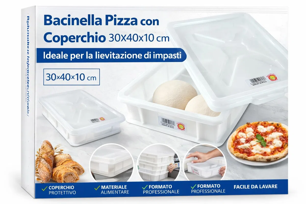 Bacinella Pizza con Coperchio 30x40x10 cm – Contenitore per Impasto Pizza e Pane – Cassetta Lievitazione Alimentare per Pizzeria e Casa