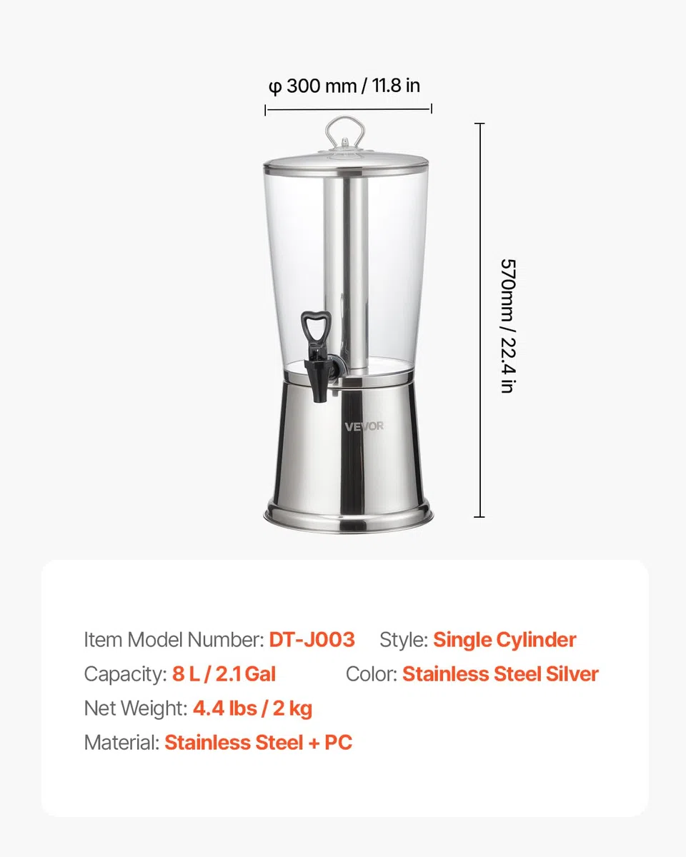 VEVOR Distributore di Bevande, 8 L per Feste, Contenitore di Succhi in Acciaio Inox e Plastica con Rubinetto per Camera del Ghiaccio, Distributore di Tè, Limonata, Succo d'Acqua, per Ristoranti