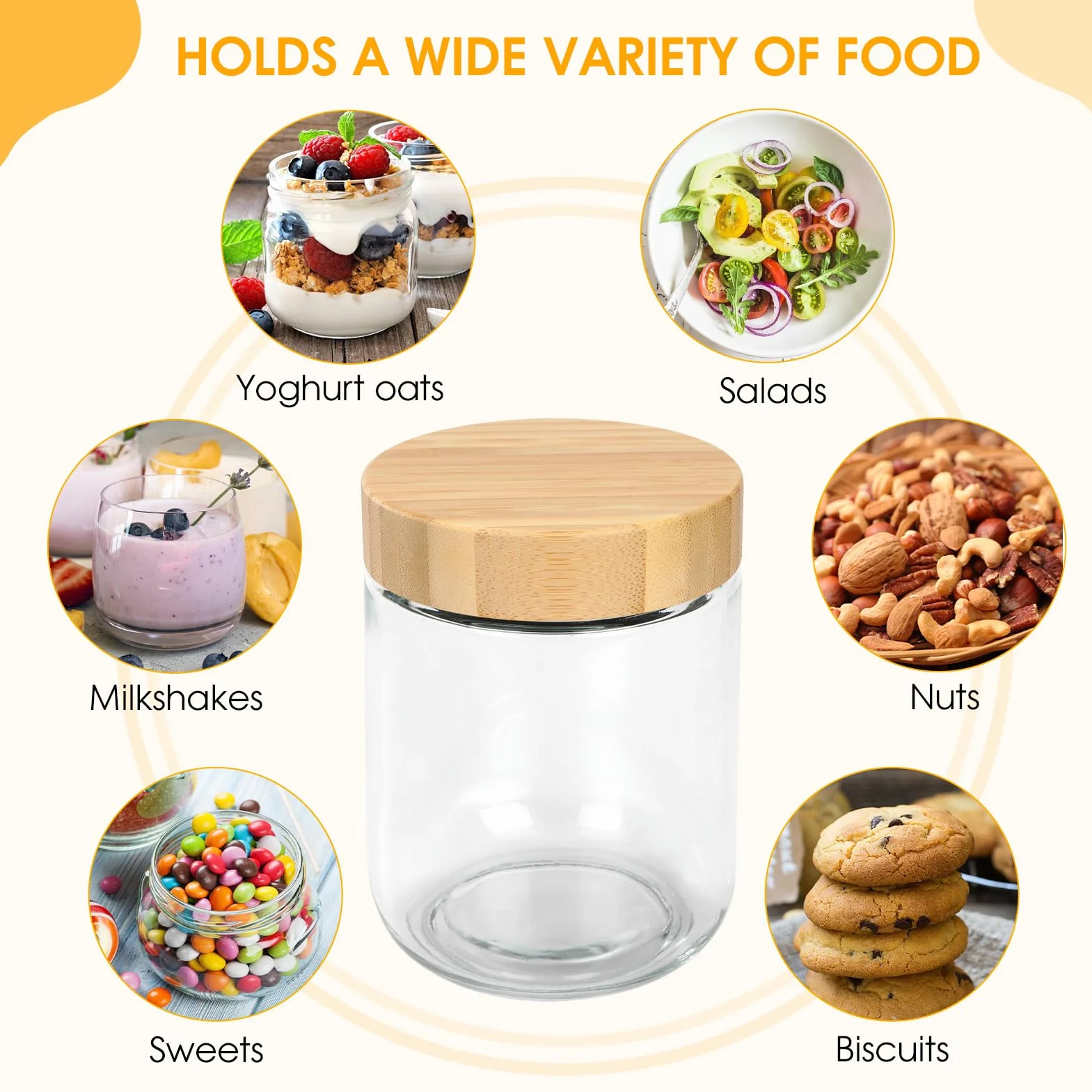 500ml Barattoli di Vetro con Coperchio in Legno,4 Pezzi Vasetto di Avena per la Notte,Contenitore Vetro per Yogurt,Overnight Oats Jar Vasetti per Yogurt,Vasetti per Marmellata,Insalate,Frutta