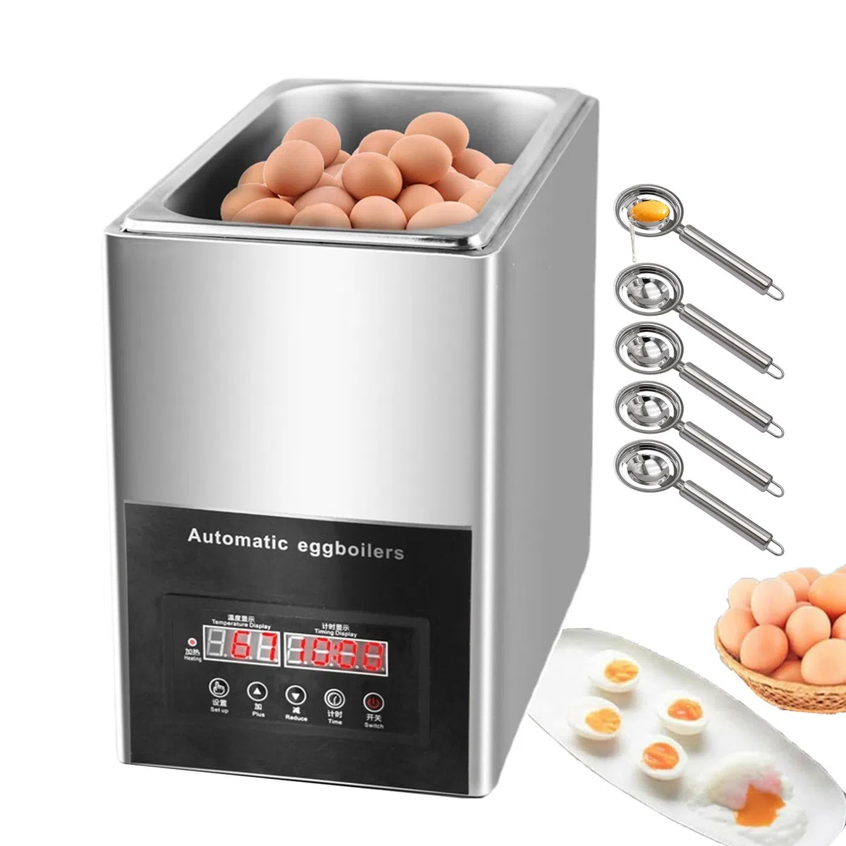 Macchina Professionale per La Cottura di Uova da 800 W con 5 Filtri per Liquidi, Macchina Professionale per La Cottura di Uova in Camicia con Timer da 0 A 99 Minuti, Macc