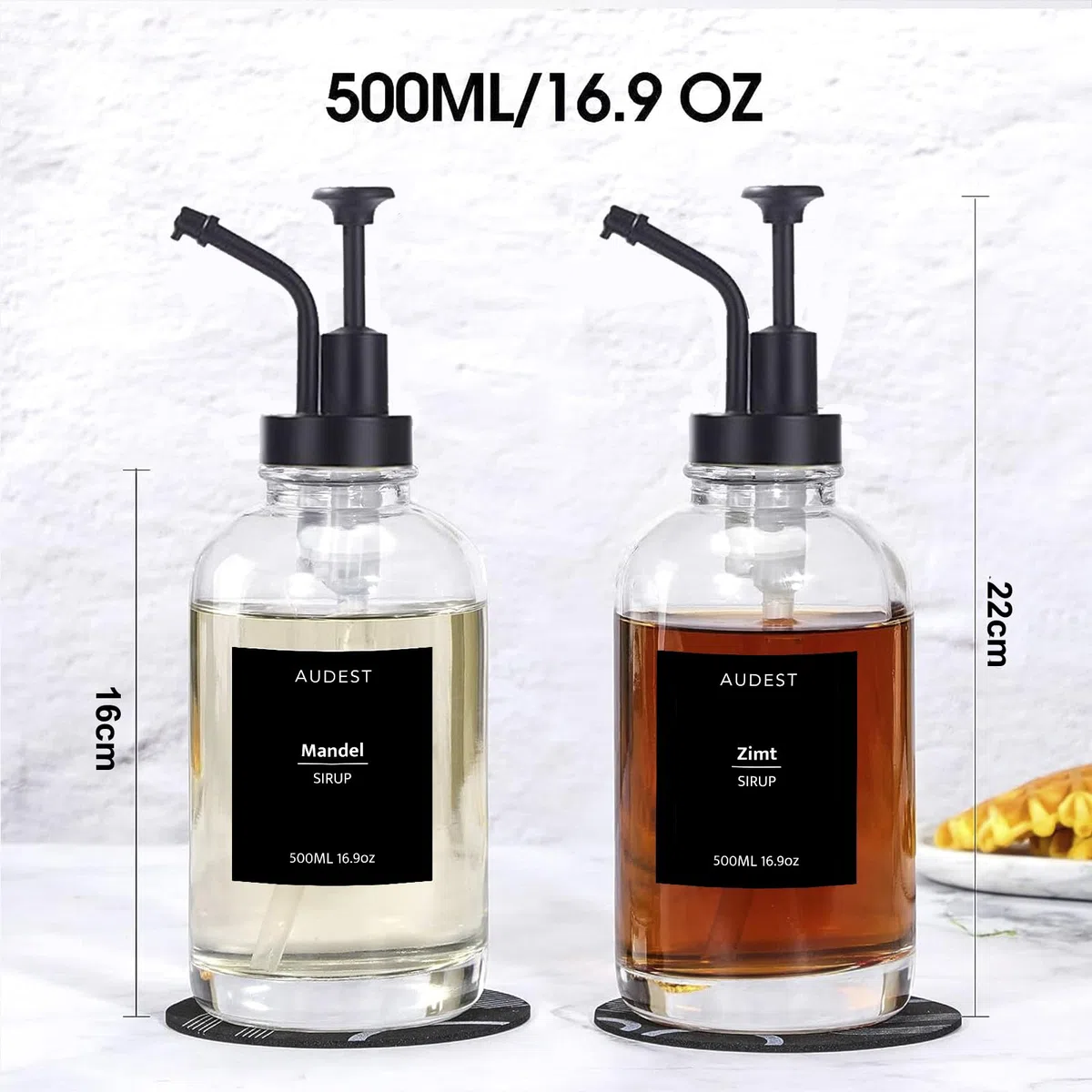 Set di dispenser in vetro per sciroppo di caffè, con 43 adesivi, imbuto, 500 ml (2, Nero, rotondo, 500 millilitri)