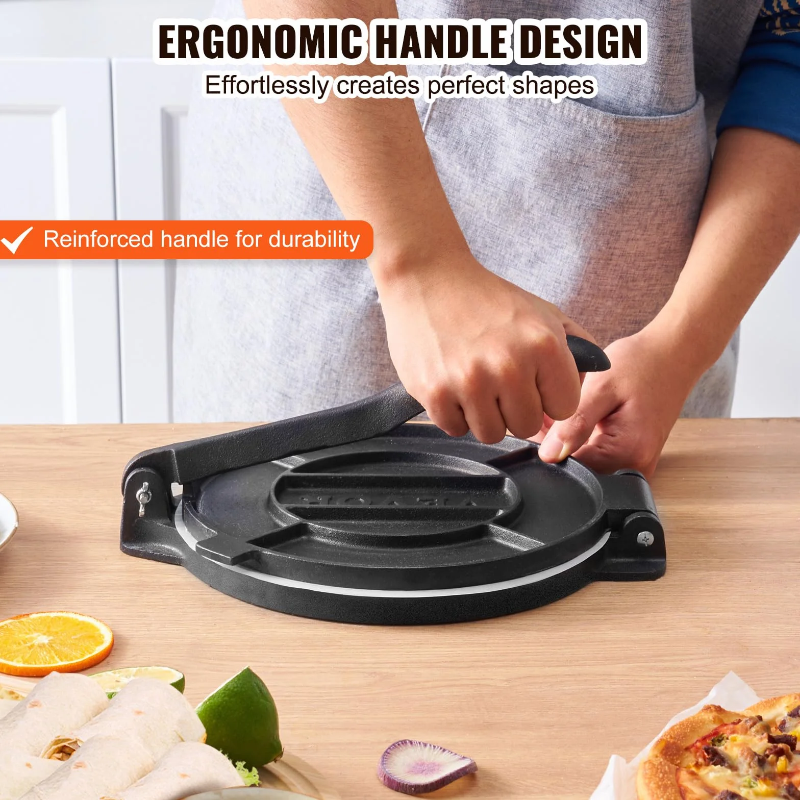 VEVOR Pressa Manuale per Tortilla, Pressa per Taco Diametro 20 cm, Pressa per Tortilla Piadine in Ghisa, Pressa Manuale per Tortilla con 100 Pezzi di Carta da Forno, Macchina per Impasto di Tortilla