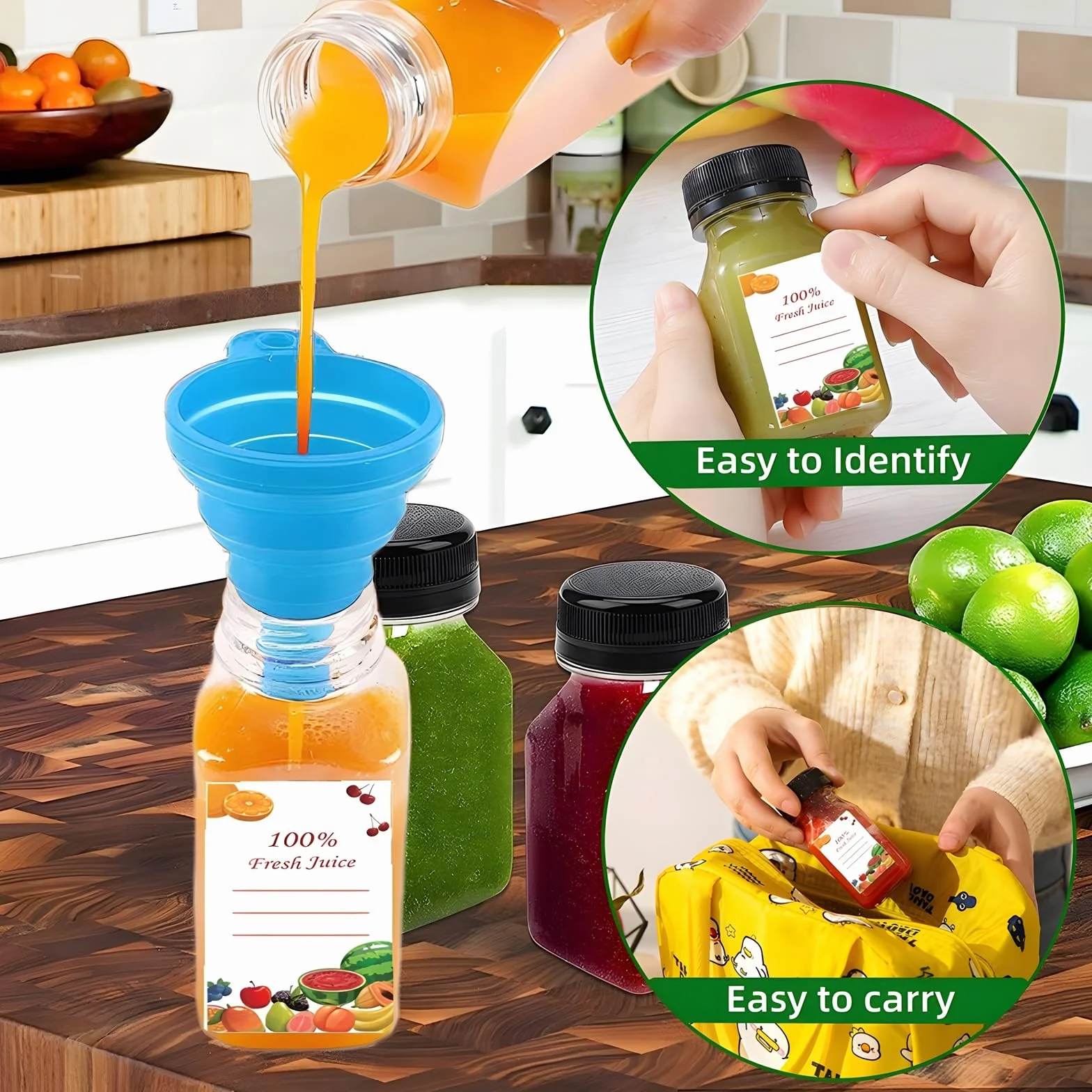 16 Pezzi 4oz/120ml Bottiglie di Succo in Plastica con Coperchio Bottiglie Vuote Riutilizzabili con Etichette Imbuto e Pennello Bottiglie di Bevande per Succhi Latte Frullati